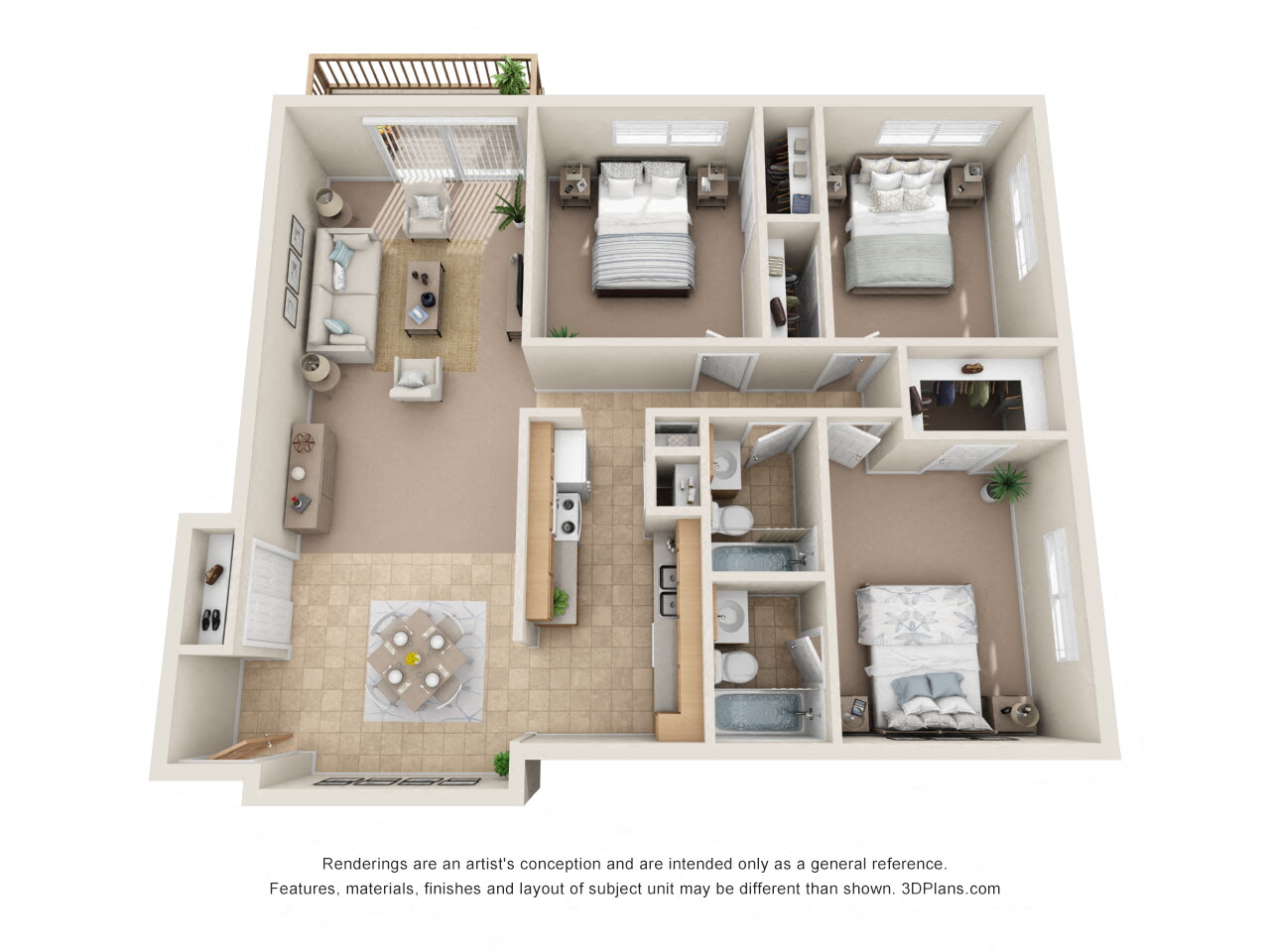Floor plan for 3 beds, 2 baths, 1095 sqft